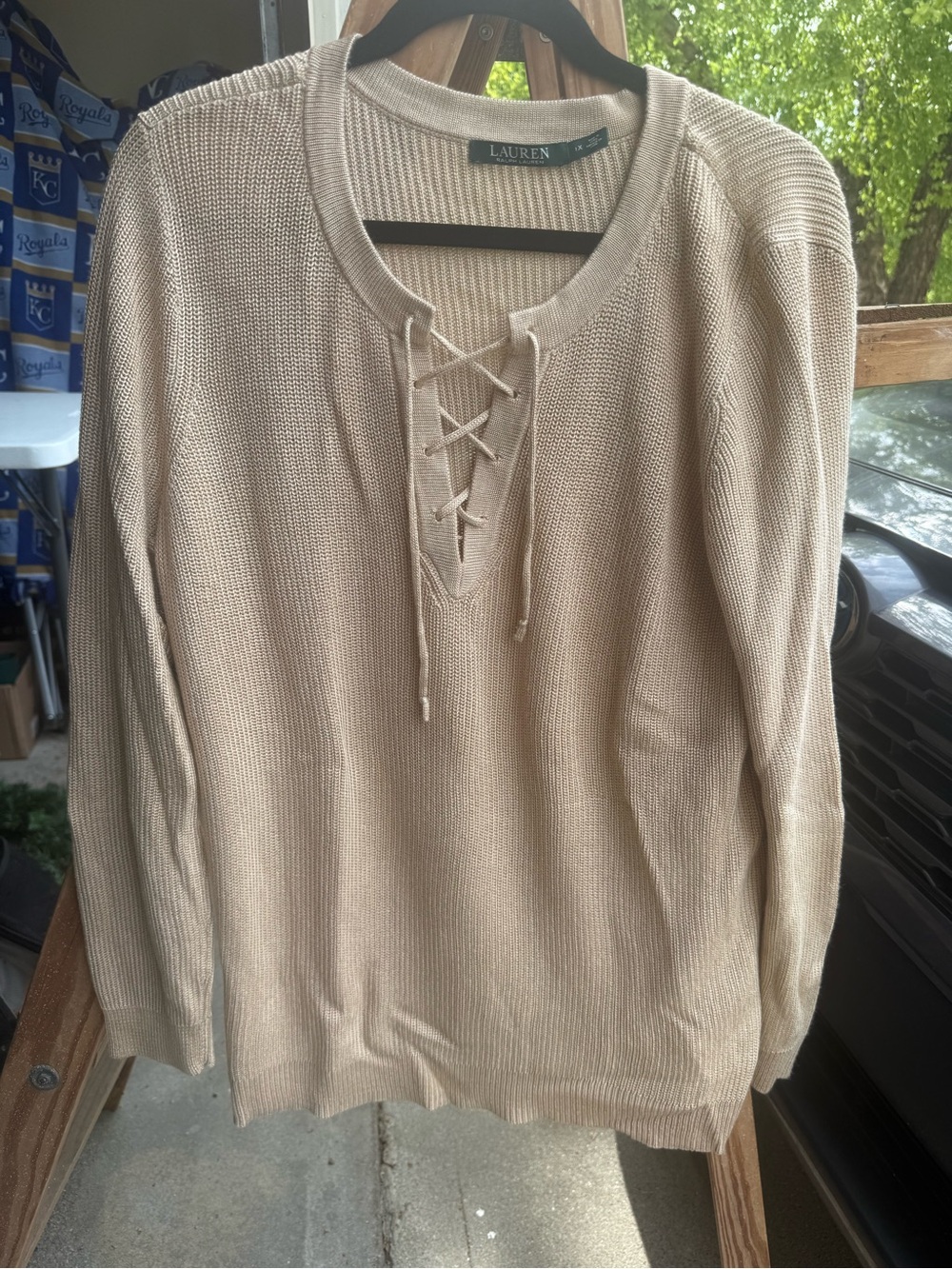 Lauren Ralph Lauren Lace-Up Crewneck Sweater in Tan